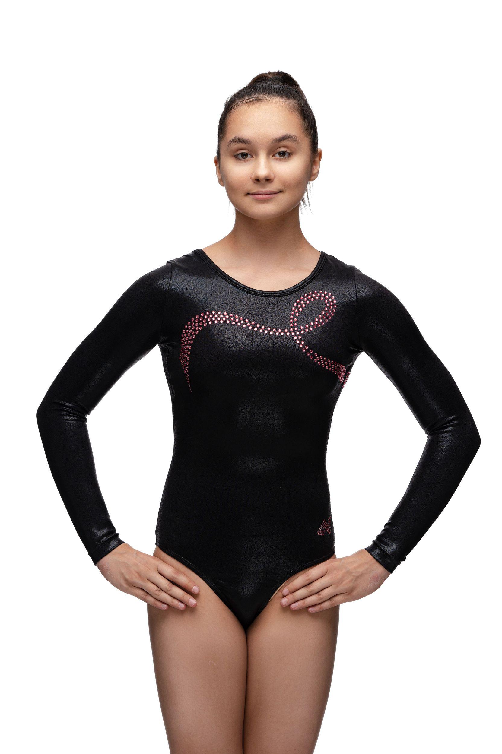 Купальник женский для спортивной гимнастики Dreamlight 6230 черный со стразами с рукавом