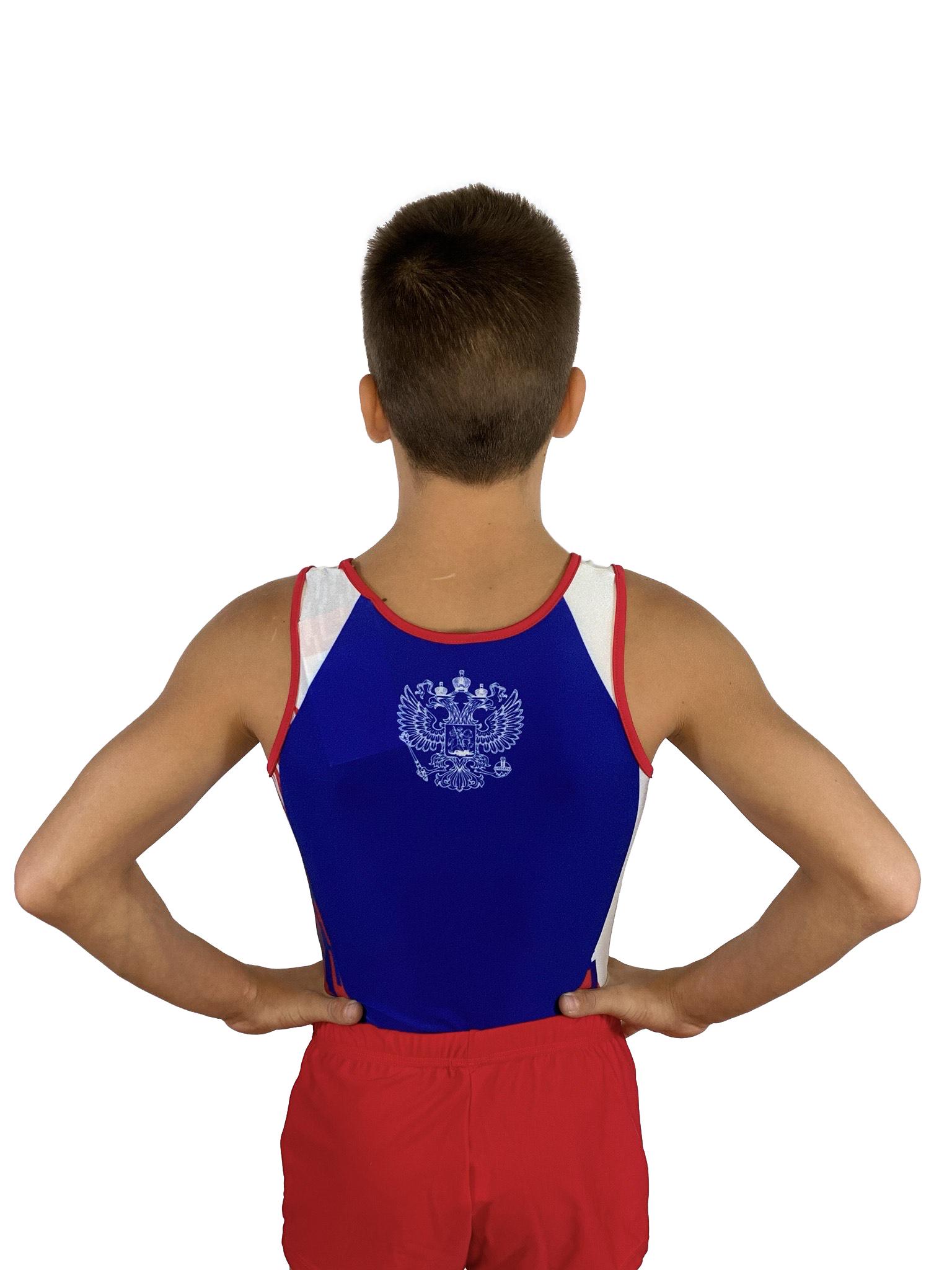 Купальник мужской для спортивной гимнастики GK Sport 201-9 белый с красно-синим рисунком без рукава