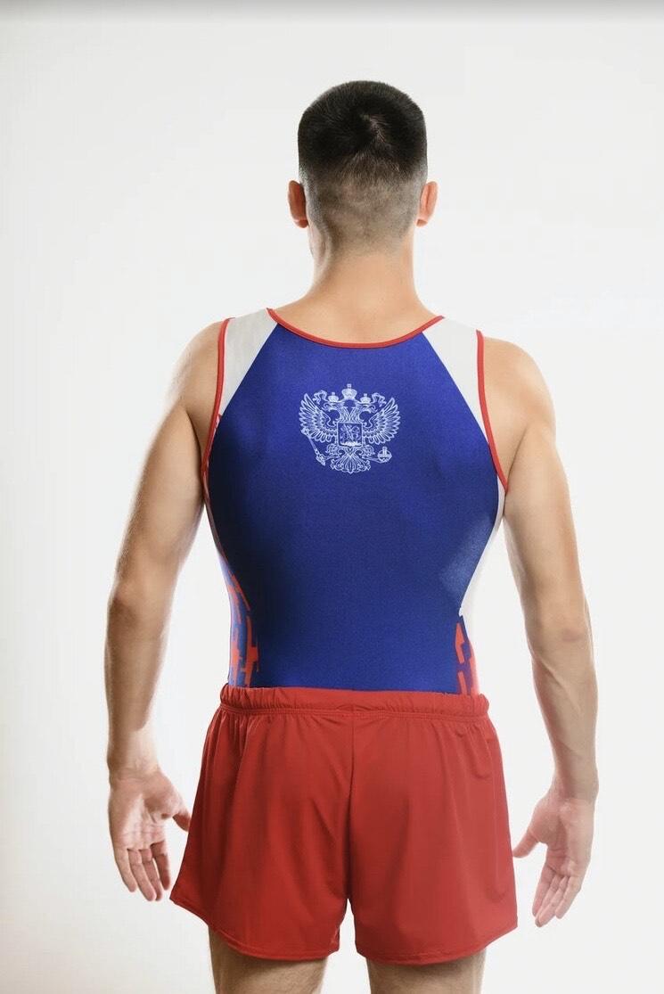 Купальник мужской для спортивной гимнастики GK Sport 201-9 белый с красно-синим рисунком без рукава