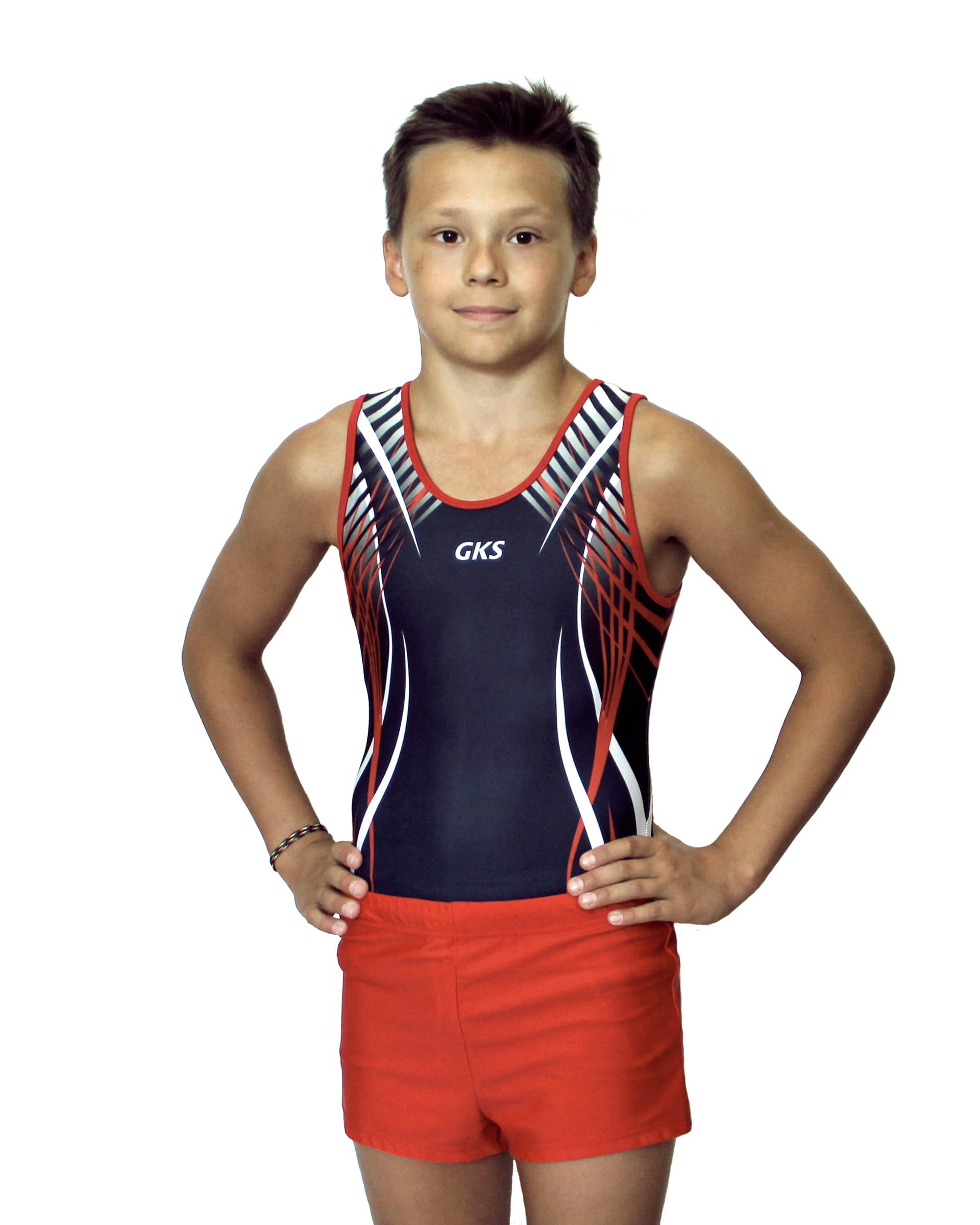 Купальник мужской для спортивной гимнастики GK Sport 201-22 черный с белым и красным без рукава