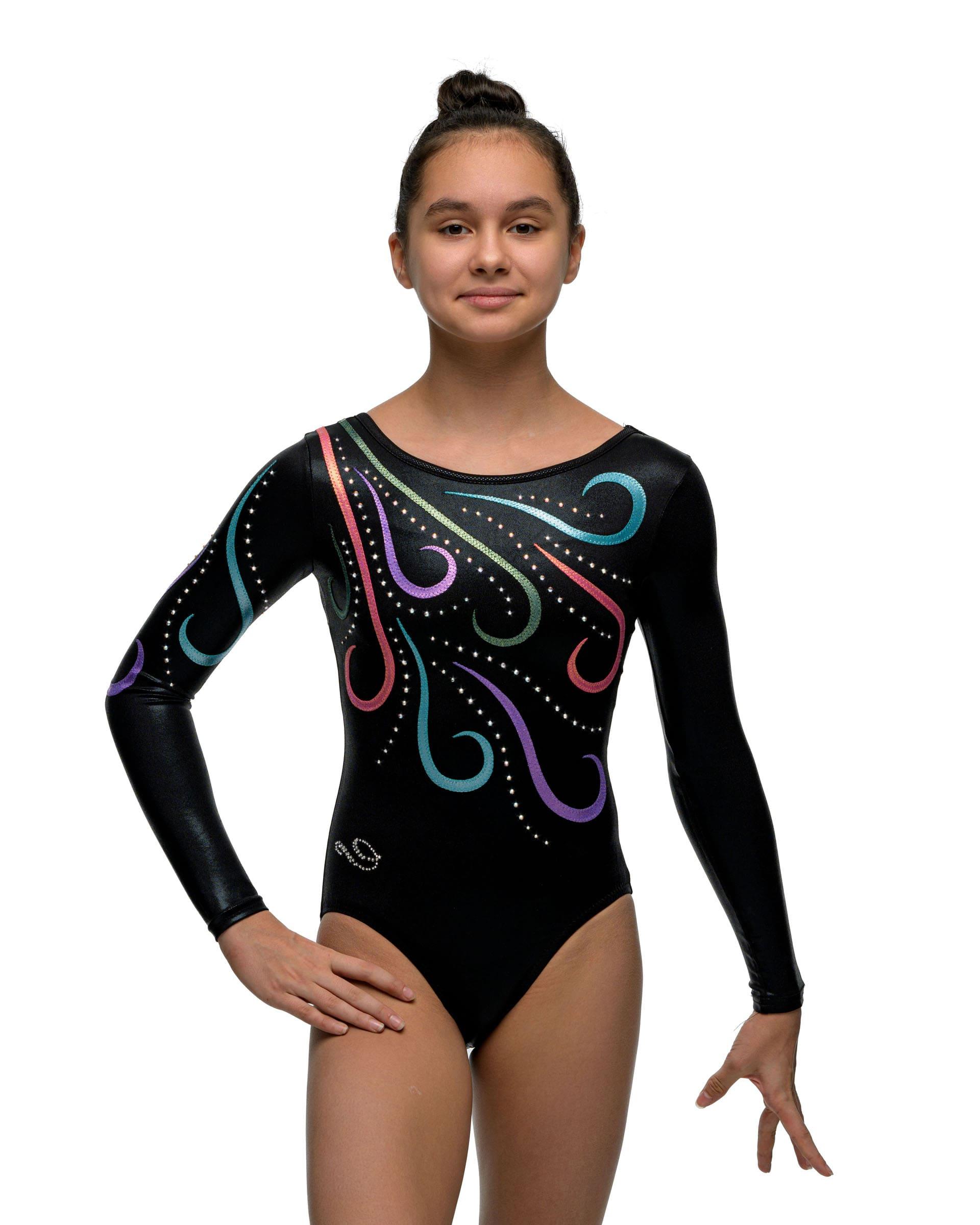 Купальник женский для спортивной гимнастики GK Elite by Dreamlight 5342 черный с узорами в цвете мультиколор со стразами с рукавом