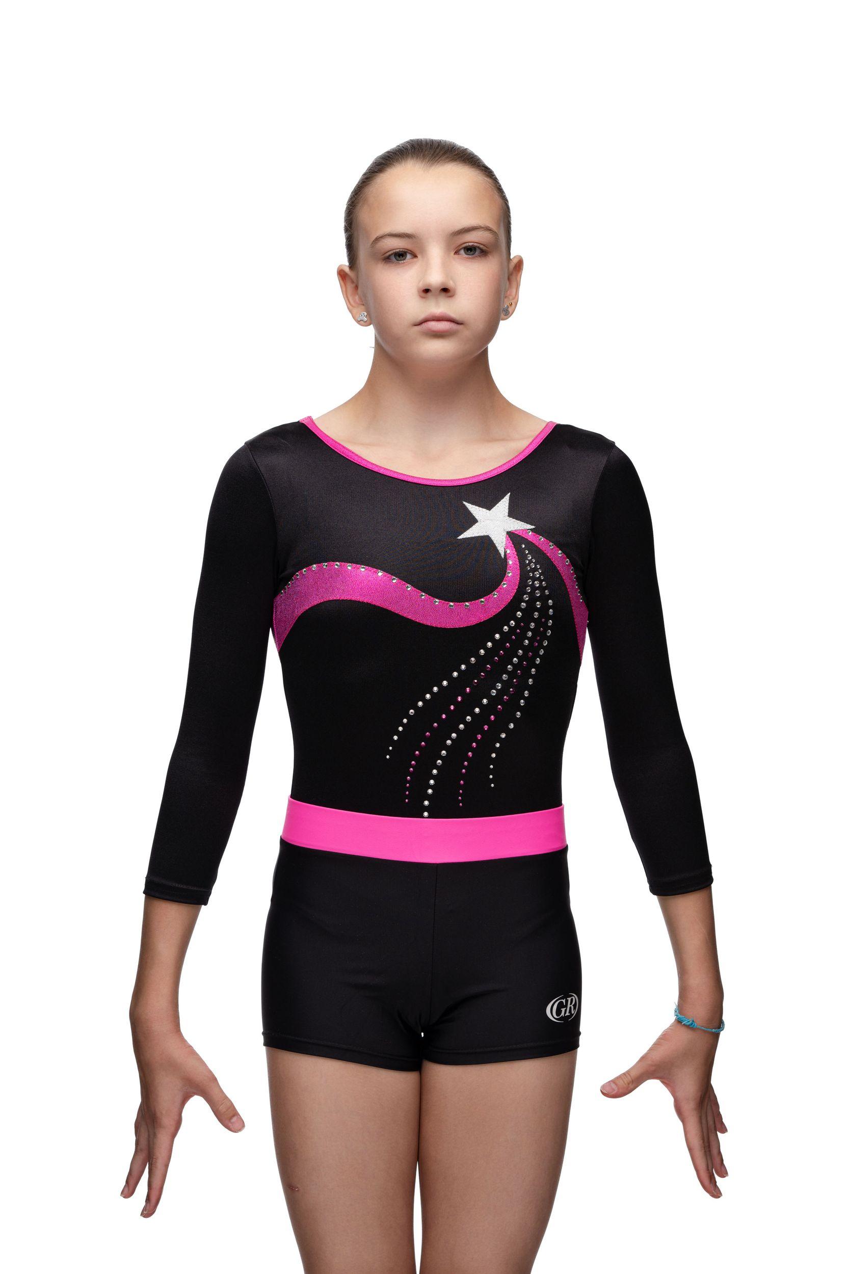 Купальник женский для спортивной гимнастики GK Elite by Dreamlight 6234 черный и розовый со стразами с рукавом