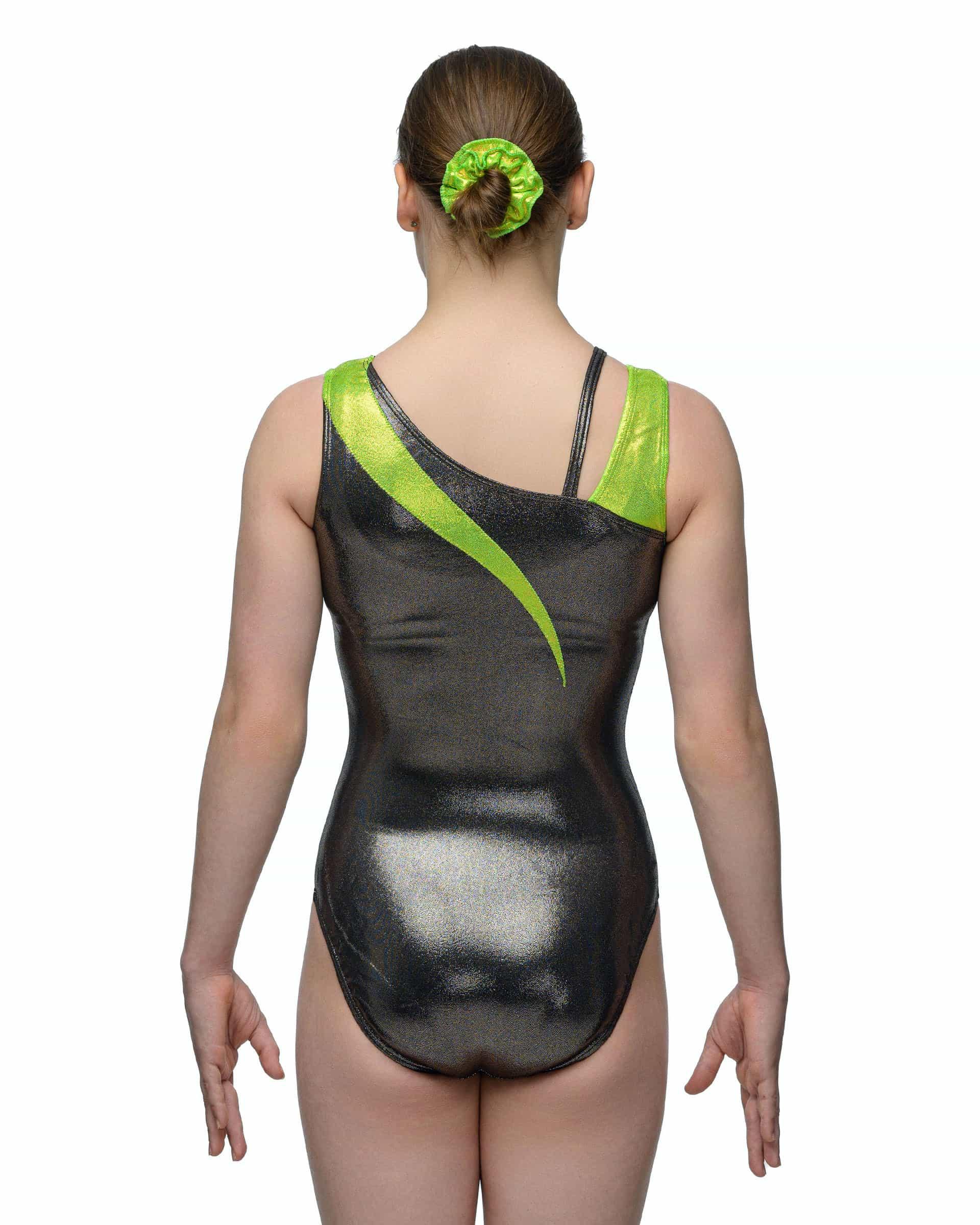 Купальник женский для спортивной гимнастики GK Elite 5472 черный с салатовой вставкой без рукава