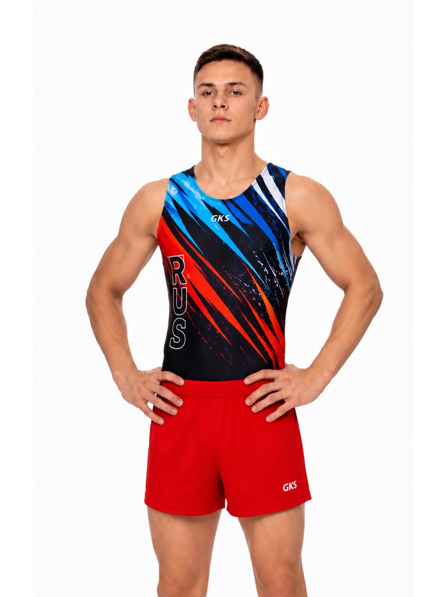 Купальник мужской для спортивной гимнастики GK Sport RUS 201-13 черный с красно-синим рисунком без рукава