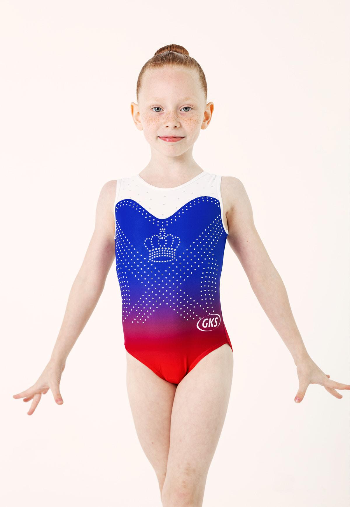 Купальник женский для спортивной гимнастики GK Sport Crystal Crown RU-211 сине-бело-красный со стразами без рукава