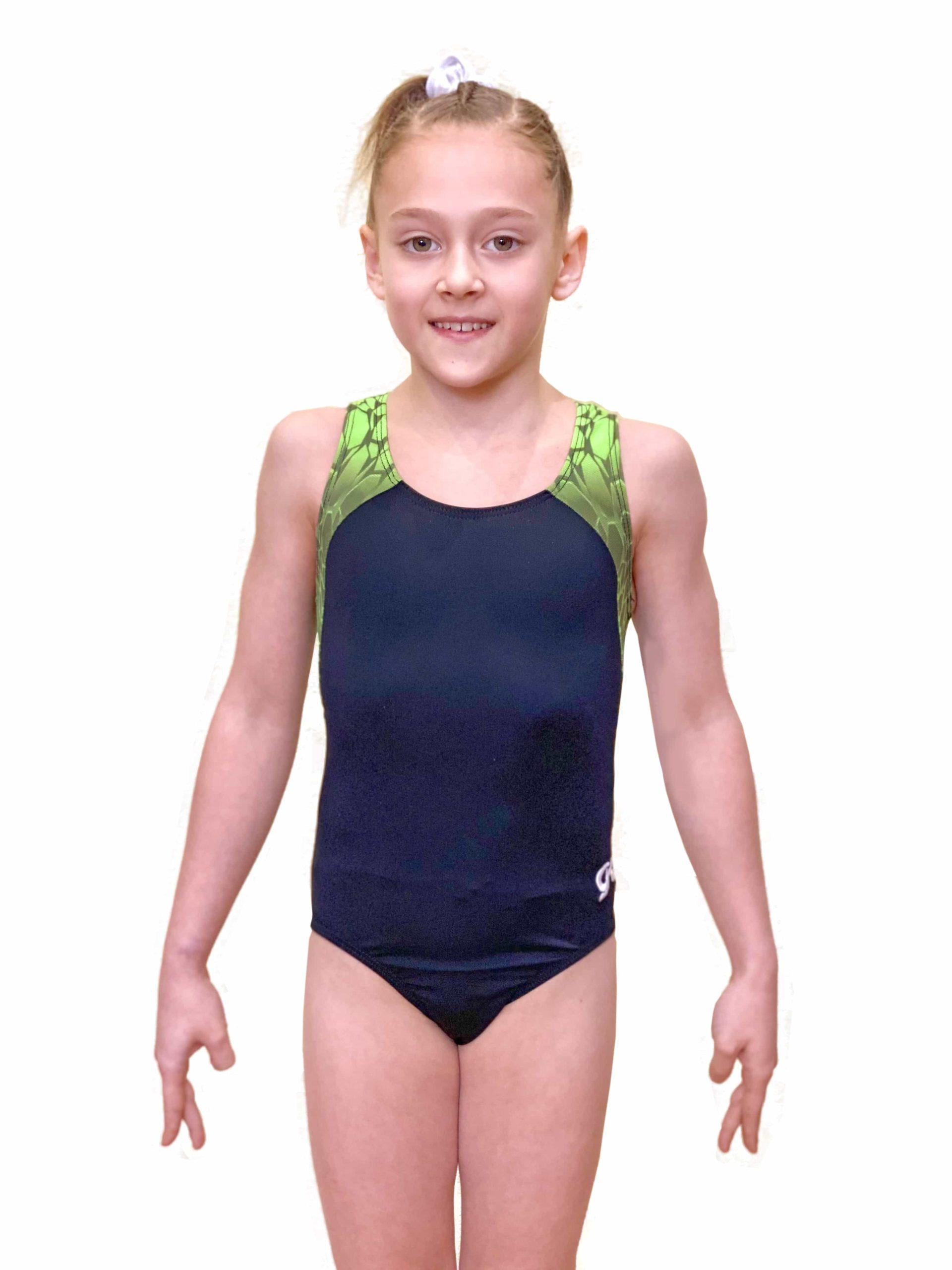 Купальник женский для спортивной гимнастики GK Sport 9483 темно синий с салатовыми лямками без рукава