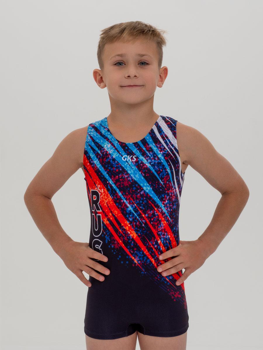 Купальник мужской для спортивной гимнастики GK Sport RUS 201-13 черный с красно-синим рисунком без рукава