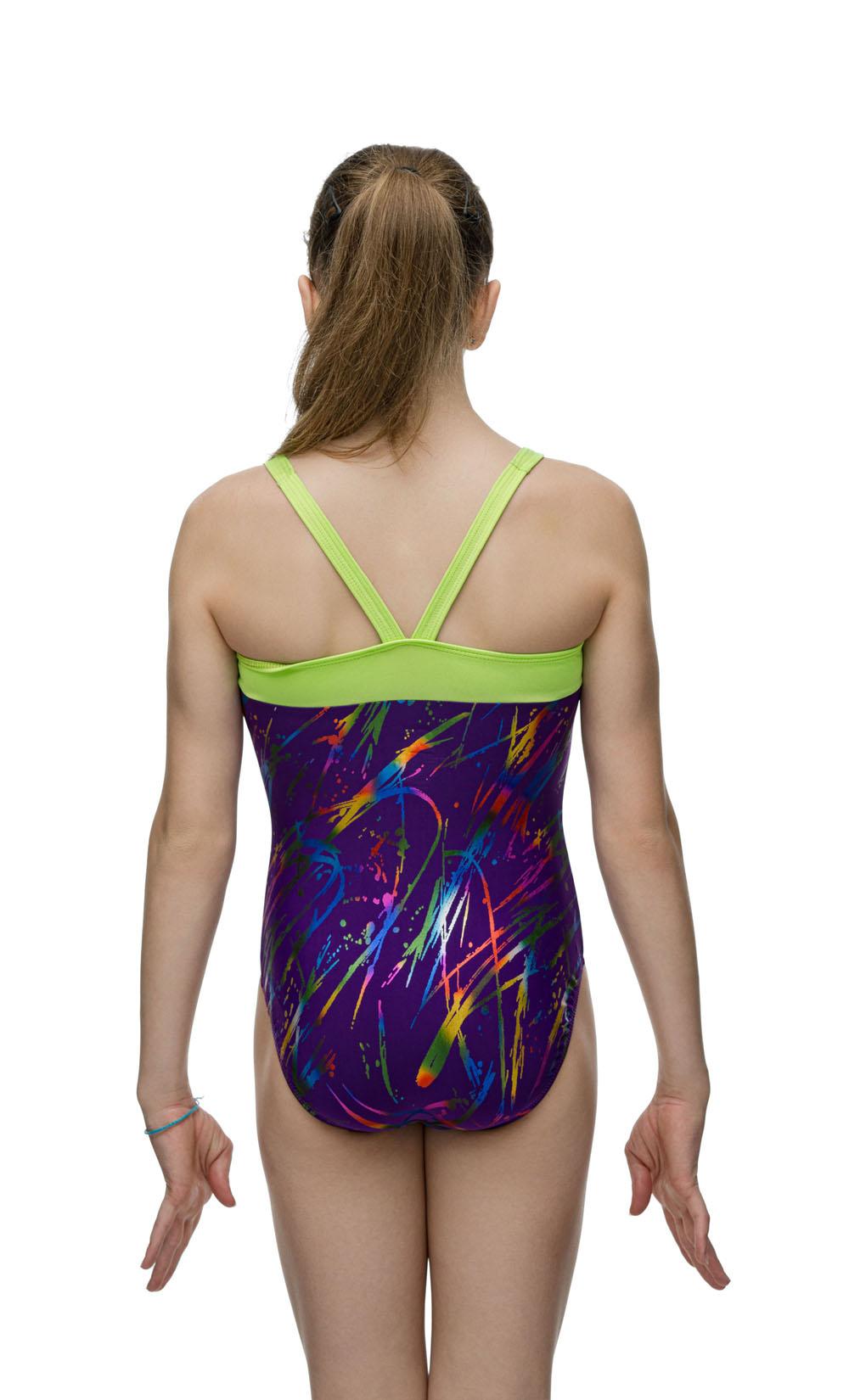 Купальник женский для спортивной гимнастики GK Elite 5924 фиолетовый с салатовым без рукава