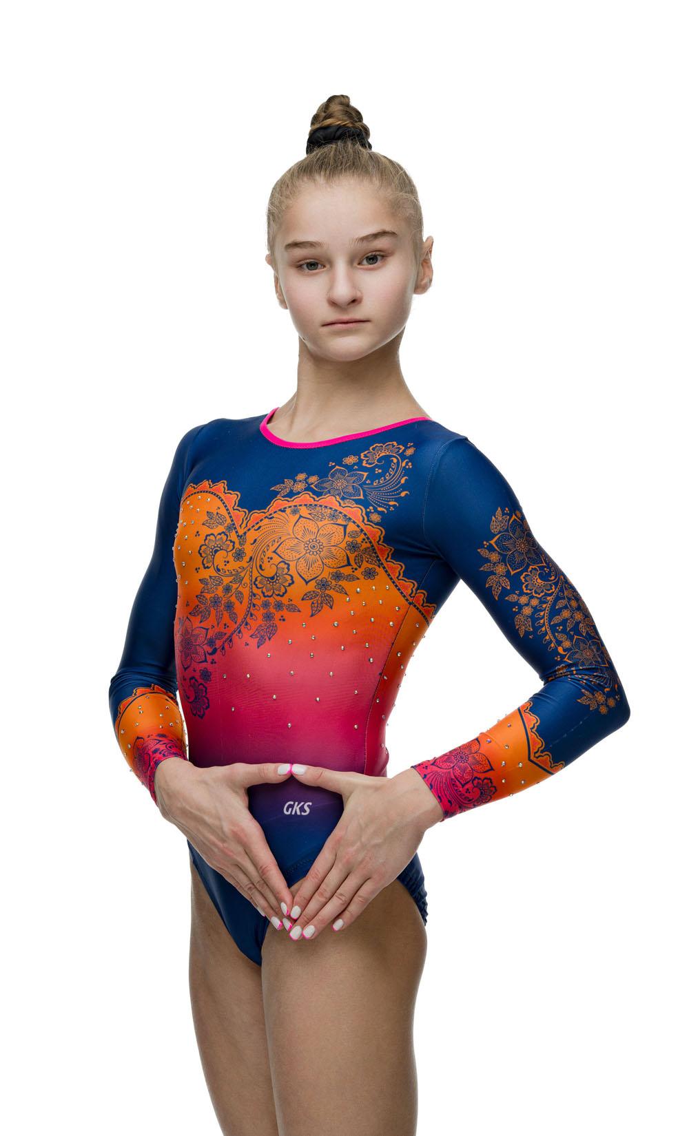 Купальник женский для спортивной гимнастики GK Sport 202-37 со стразами и длинным рукавом
