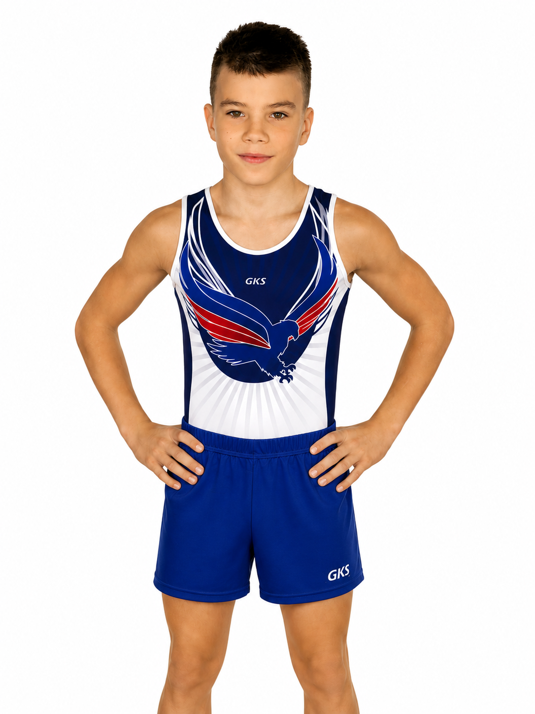 Купальник мужской для спортивной гимнастики GK Sport 0201-14 белый с синим без рукава