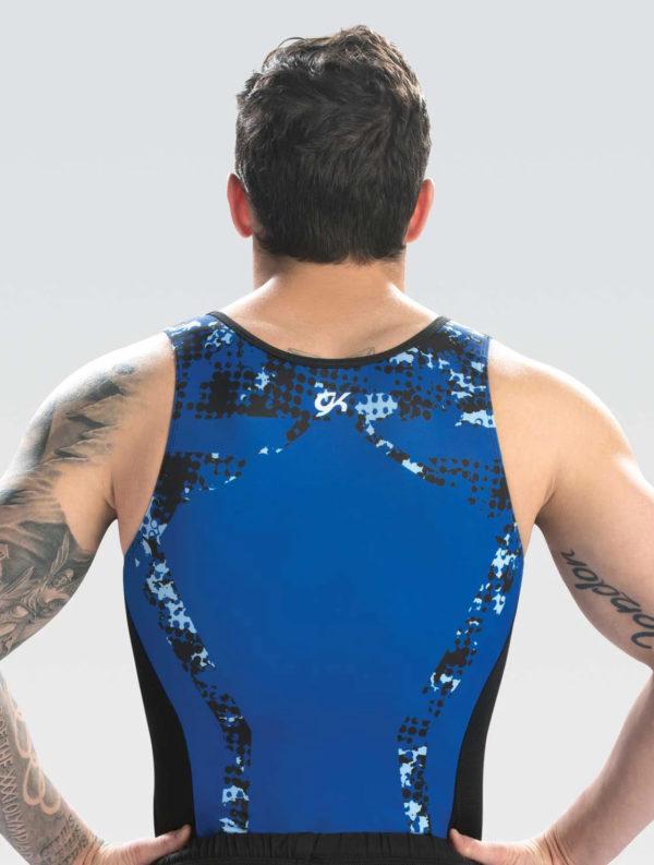 Купальник мужской для спортивной гимнастики GK Elite 1886M синий с черными полосками без рукава