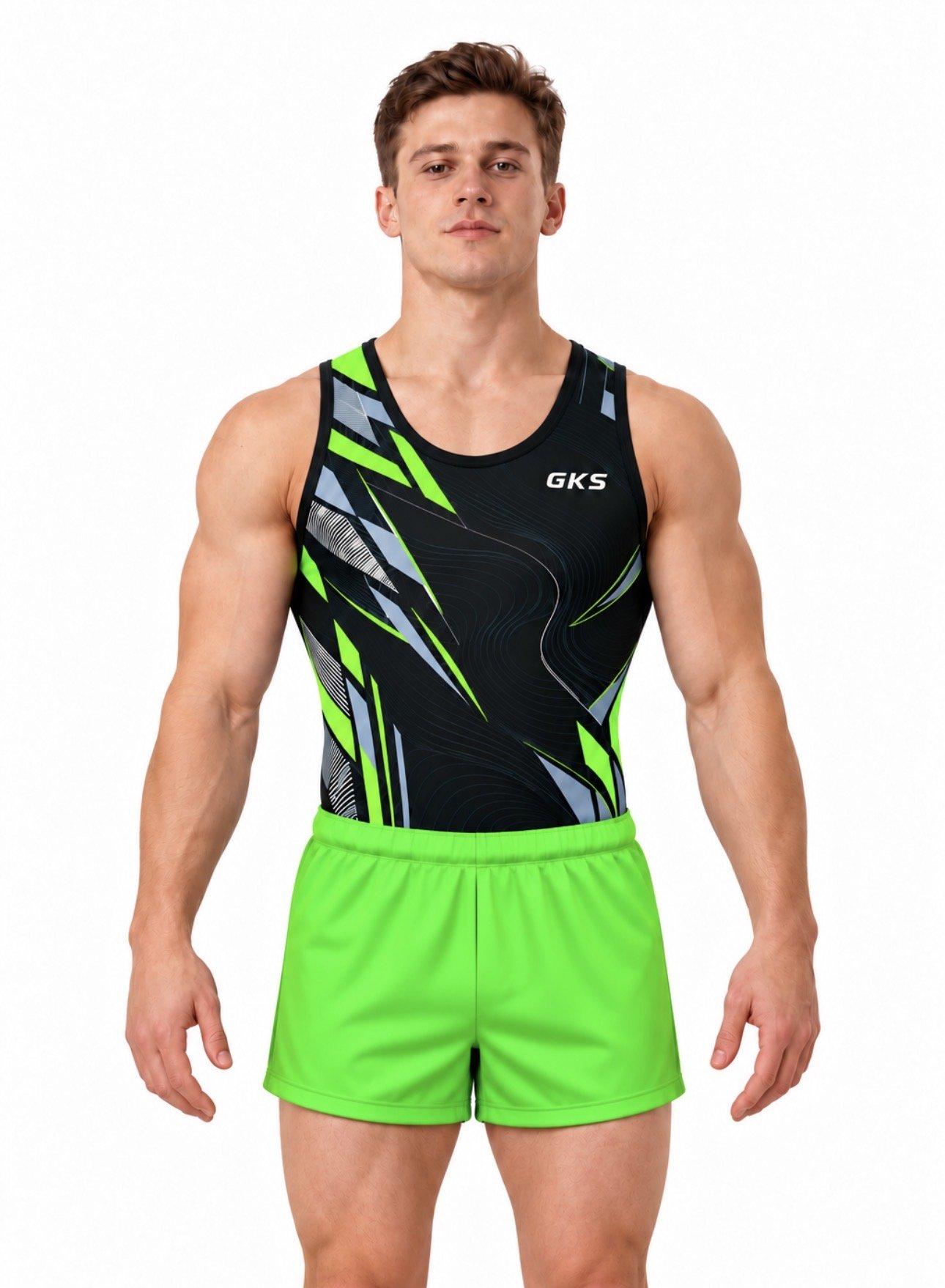 Купальник мужской для спортивной гимнастики GK Sport 0201-118 черный с салатом без рукава