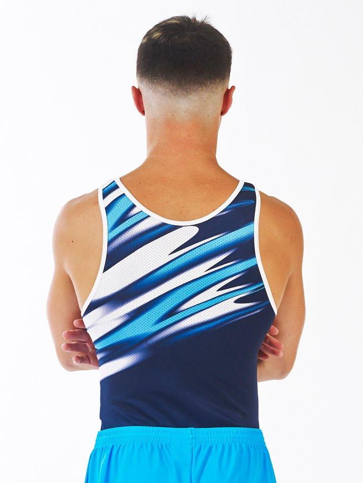 Купальник мужской для спортивной гимнастики Christian Moreau Hypnotic темно-синий с белыми и голубыми полосками без рукава