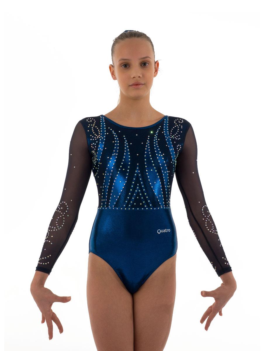 Купальник женский для спортивной гимнастики Quatro  555-18-1 темно-синий со стразами с рукавом