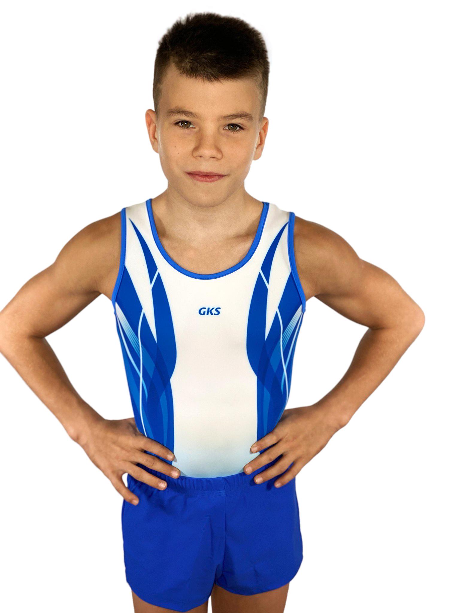 Купальник мужской для спортивной гимнастики GK Sport 201-16 белый с синим без рукава