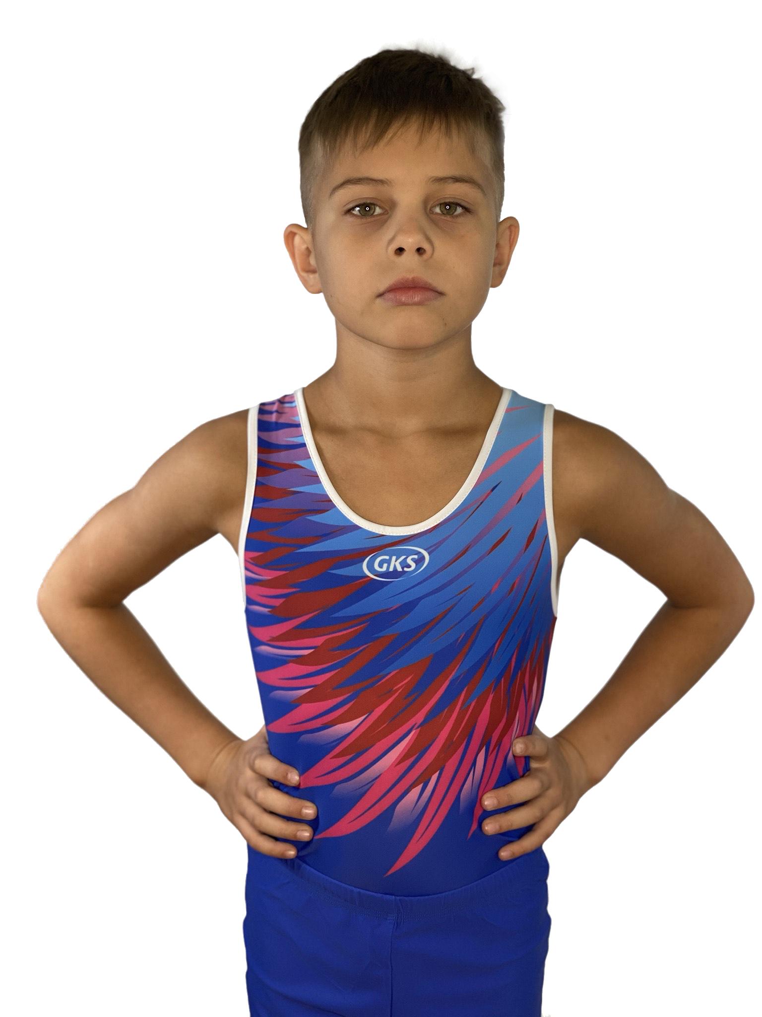 Купальник мужской для спортивной гимнастики GK Sport 201-7 PLUMAGE синий с красным рисунком без рукава