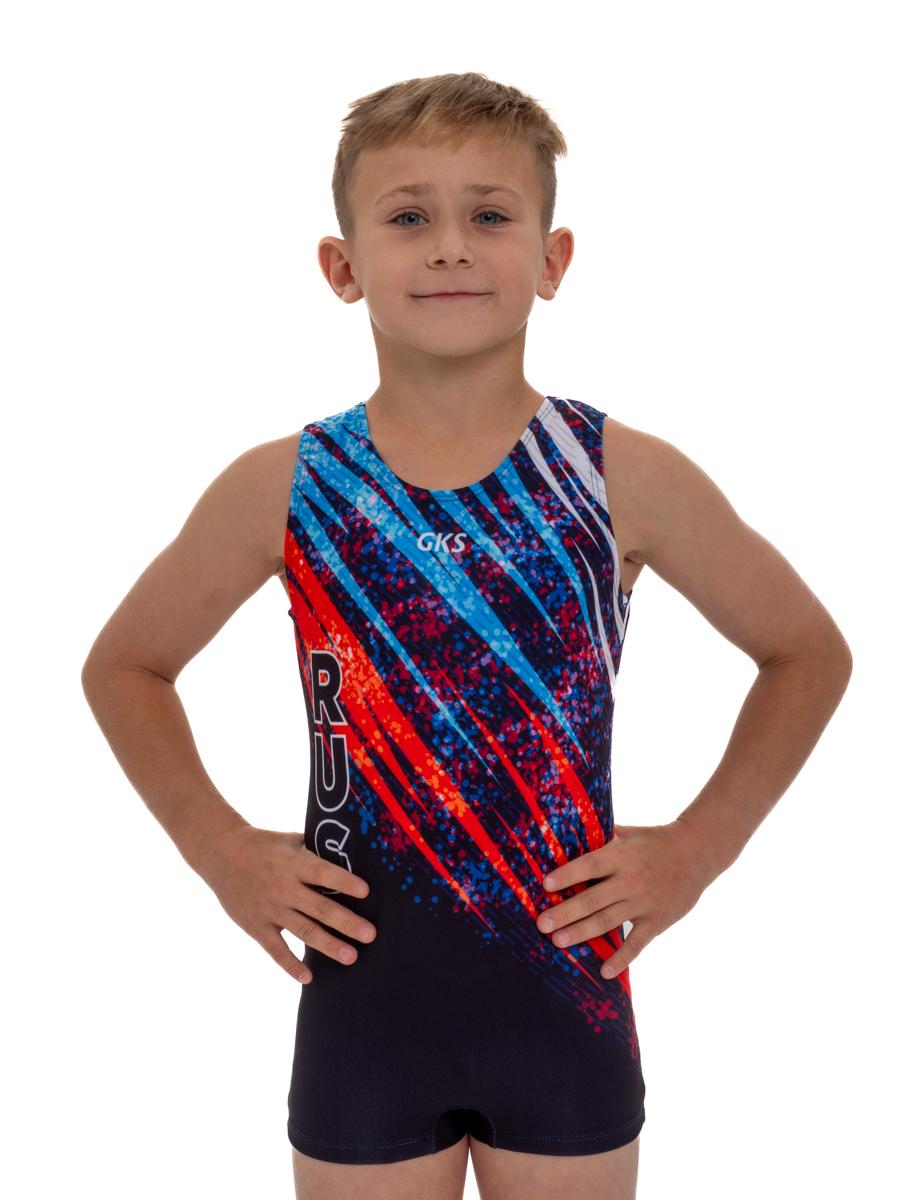 Купальник мужской для спортивной гимнастики GK Sport RUS 201-13 черный с красно-синим рисунком без рукава