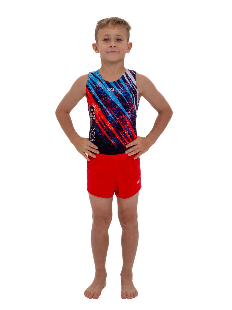 Купальник мужской для спортивной гимнастики GK Sport RUS 201-13 черный с красно-синим рисунком без рукава