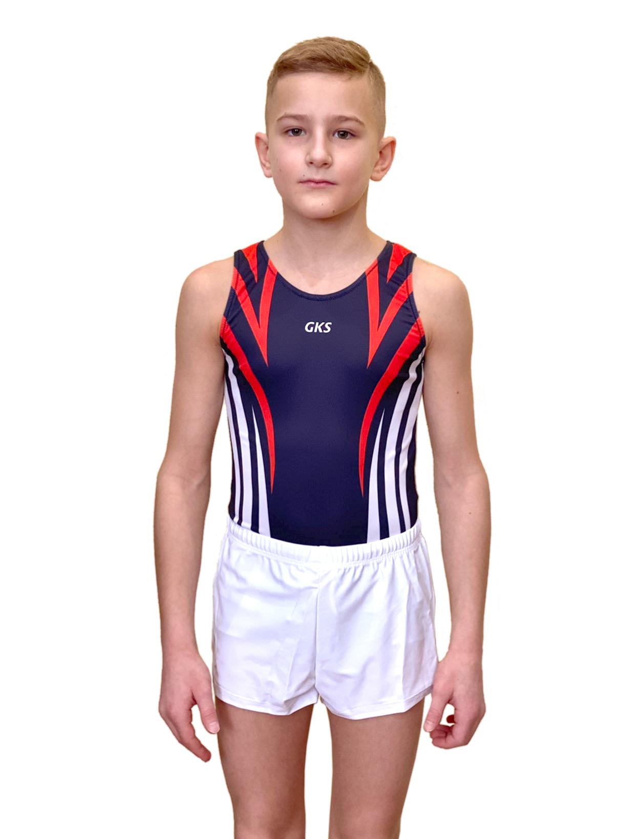 Купальник мужской для спортивной гимнастики GK Sport 201-19 темно-синий с красно-белыми полосками без рукава