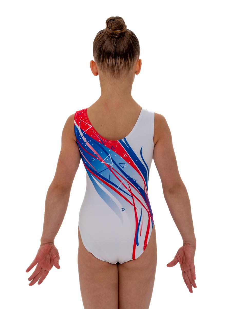 Купальник женский для спортивной гимнастики GK Sport RUS 202-26 белый с красно-синим рисунком без рукава