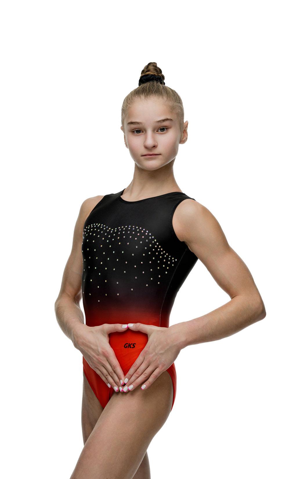 Купальник женский для спортивной гимнастики GK Sport 0202-91 черно-красный градиент со стразами без рукава