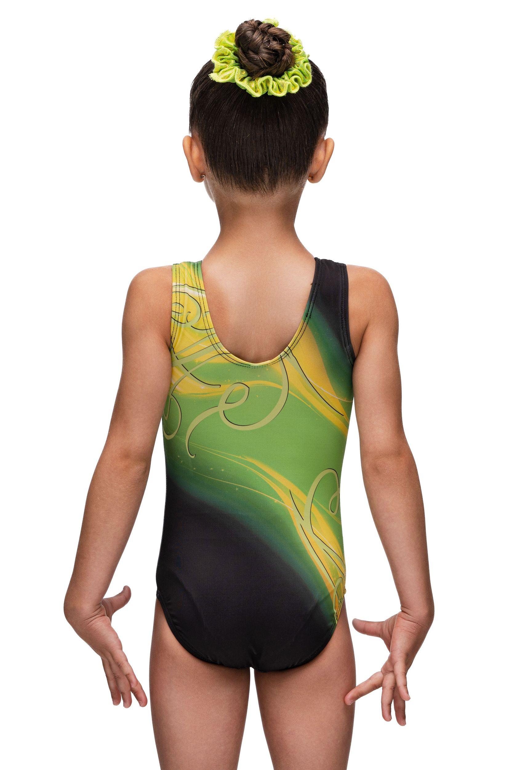 Купальник женский для спортивной гимнастики GK Elite E2662 черный с желтыми зеленым без рукава