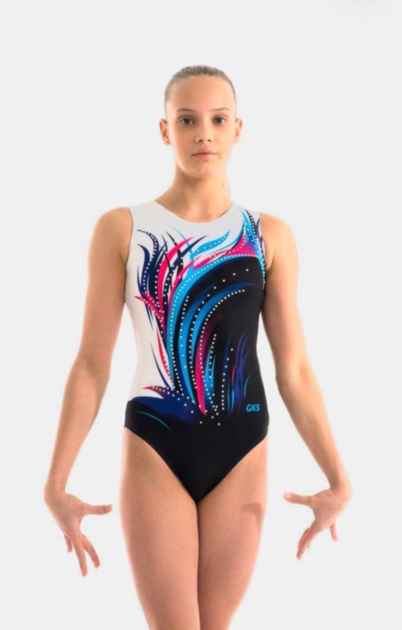 Купальник женский для спортивной гимнастики GK Sport 202-67 черный с белым с цветным рисунком  со стразами без рукава