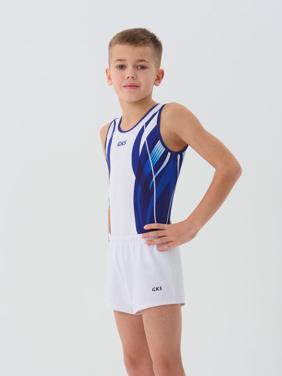 Купальник мужской для спортивной гимнастики GK Sport 201-16 белый с синим без рукава