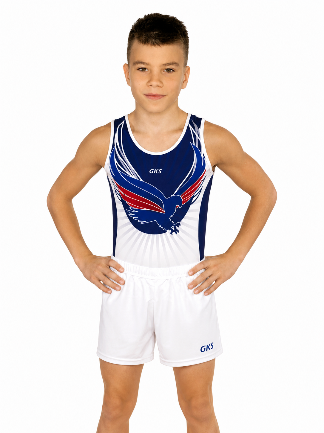 Купальник мужской для спортивной гимнастики GK Sport 0201-14 белый с синим без рукава