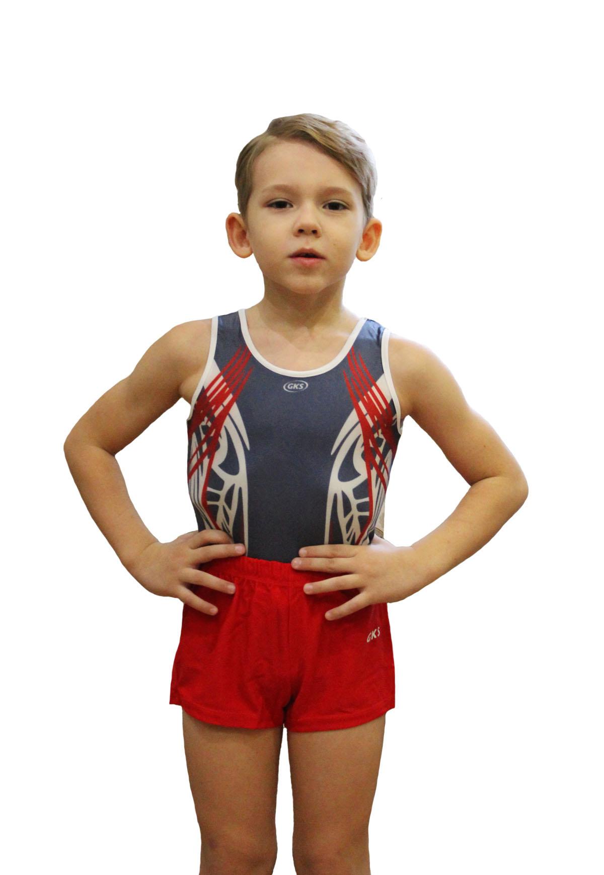 Купальник мужской для спортивной гимнастики GK Sport 107-51 синий с белым и красным без рукава