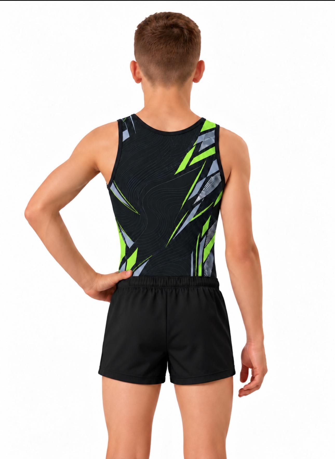 Купальник мужской для спортивной гимнастики GK Sport 0201-118 черный с салатом без рукава