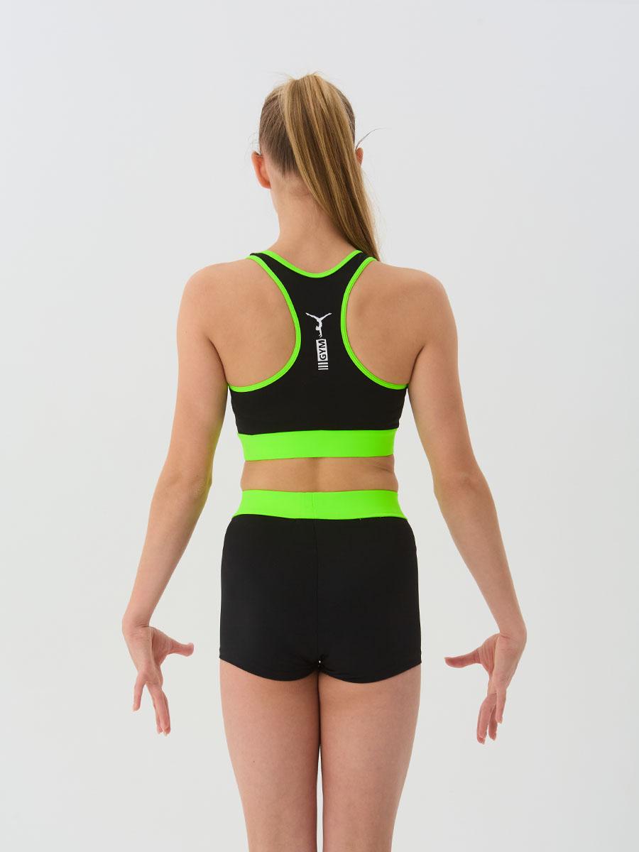 Комплект из шорт и топа для спортивной гимнастики GK Sport К199С черный с салатовым