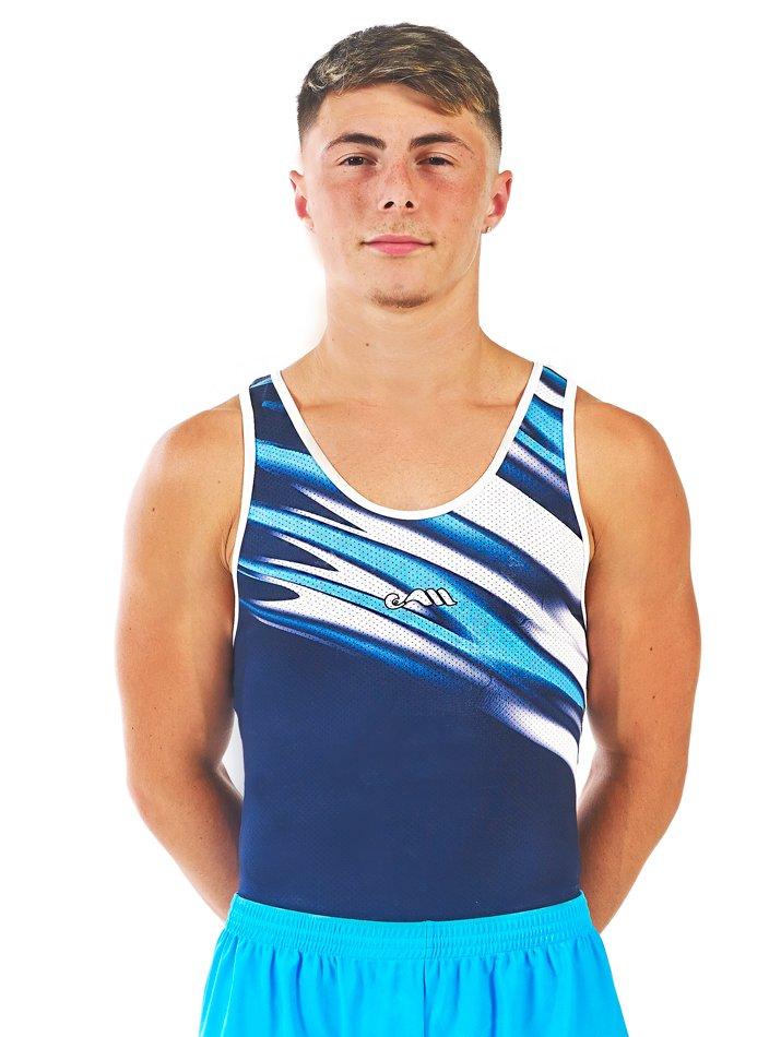 Купальник мужской для спортивной гимнастики Christian Moreau Hypnotic темно-синий с белыми и голубыми полосками без рукава