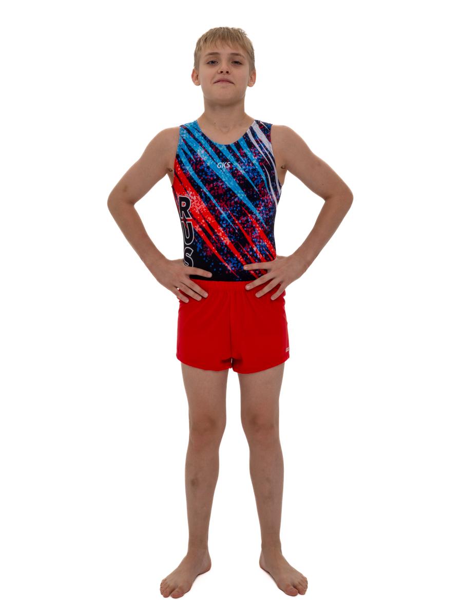 Купальник мужской для спортивной гимнастики GK Sport RUS 201-13 черный с красно-синим рисунком без рукава