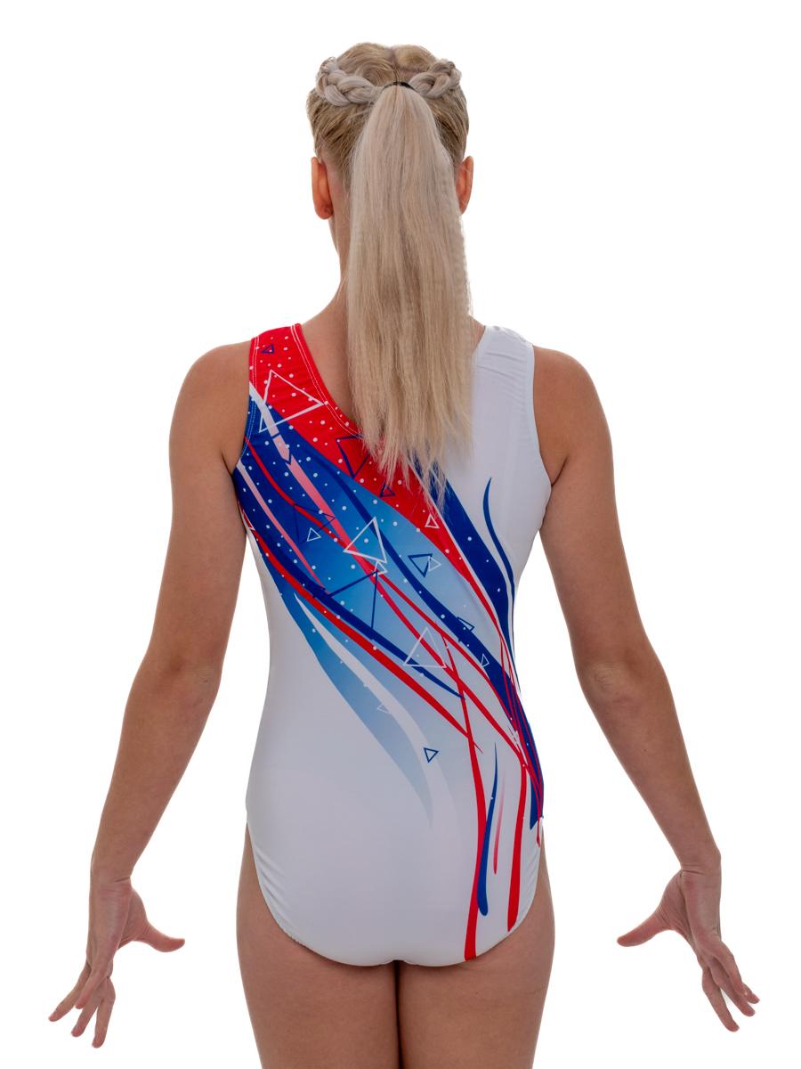 Купальник женский для спортивной гимнастики GK Sport RUS 202-26 белый с красно-синим рисунком без рукава