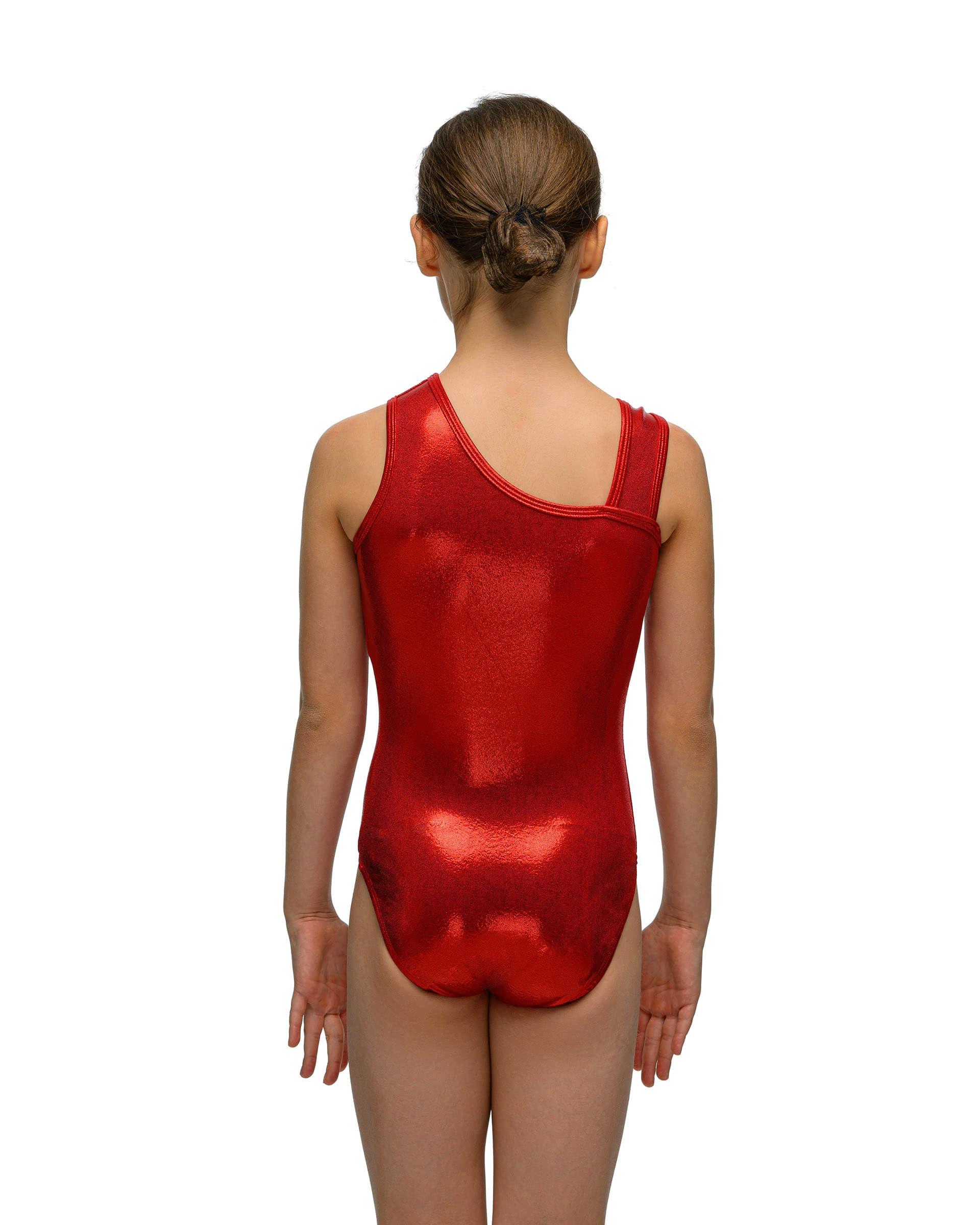 Купальник женский для спортивной гимнастики Alpha Factor 5406 красный с серебристым рисунком без рукава