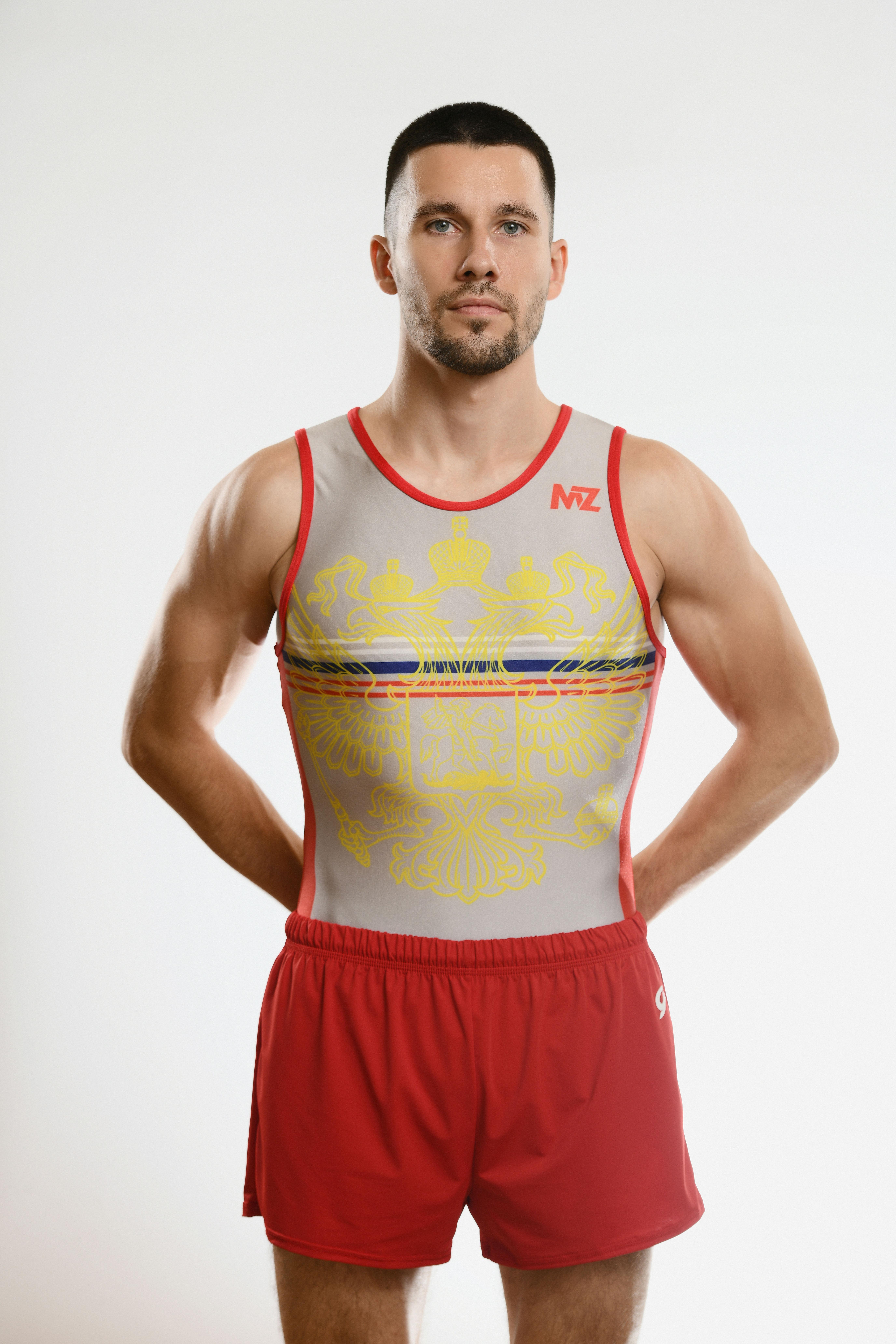 Купальник мужской для спортивной гимнастики GK Sport MZ 201-6 белый с красным кантом без рукава