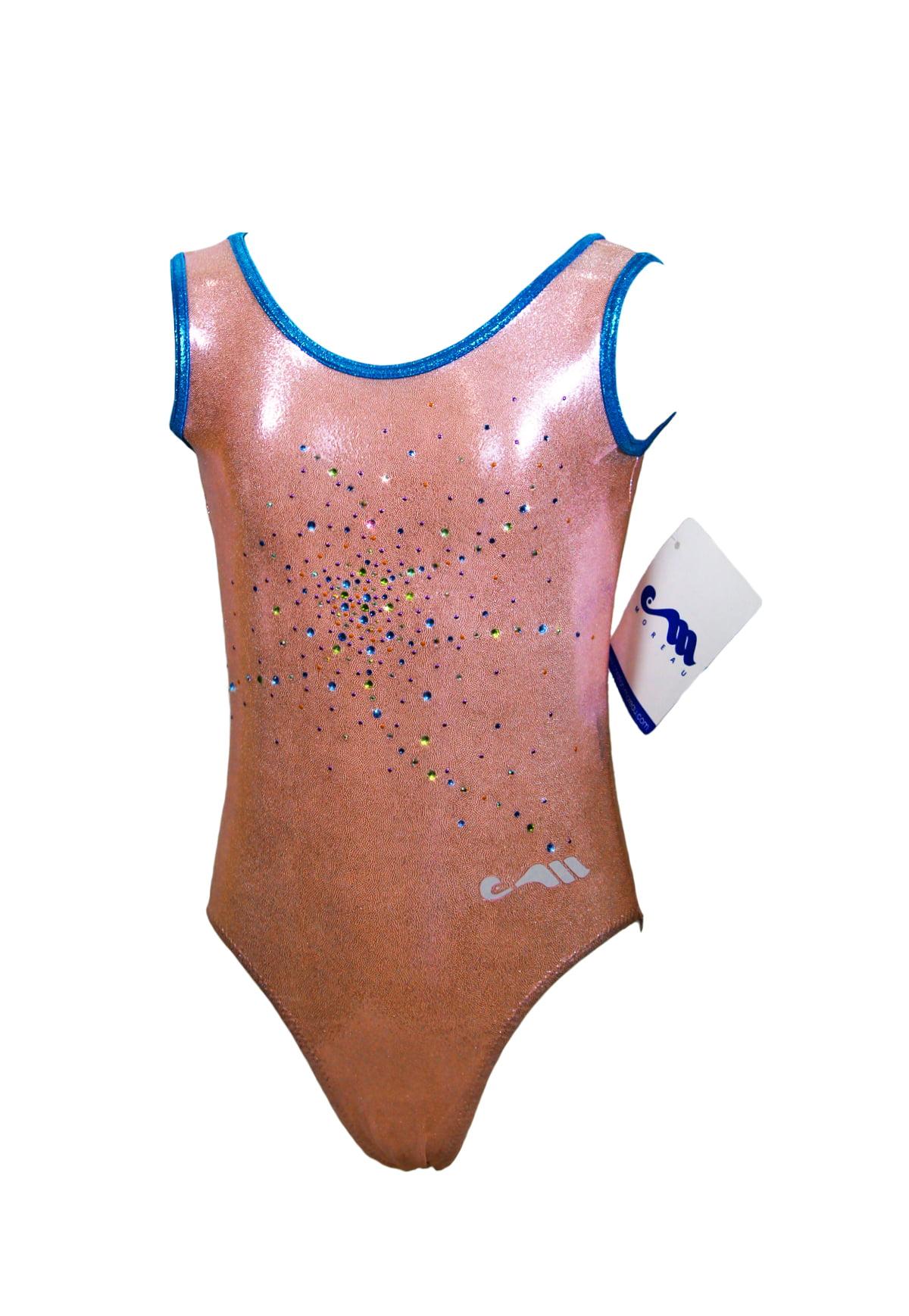 Купальник для спортивной гимнастики Christian Moreau 4282 бледно-розовый со стразами и синей окантовкой на лямках без рукава