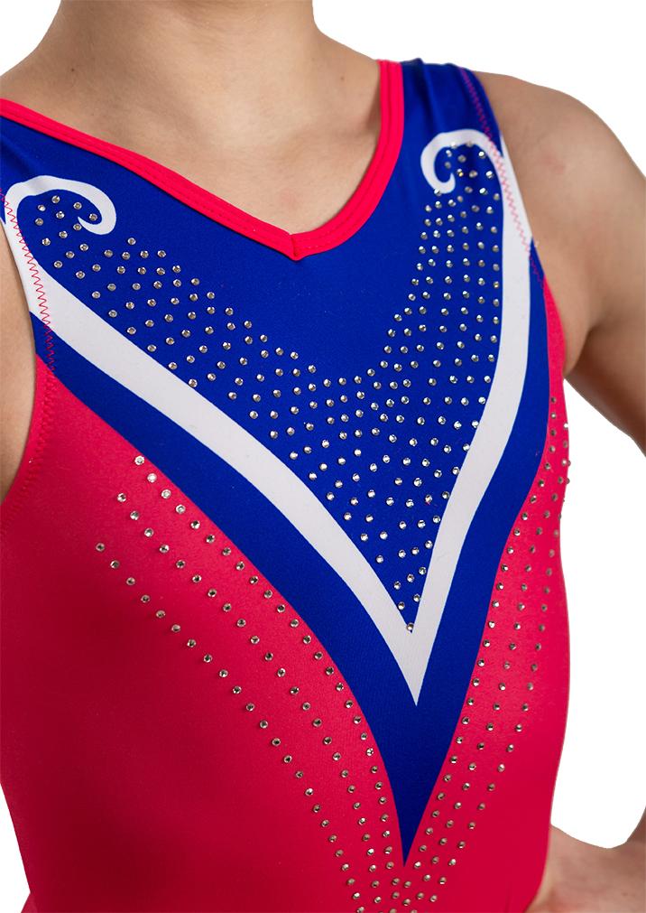 Купальник женский для спортивной гимнастики GYM RU 107-41 розовый с синим со стразами без рукава