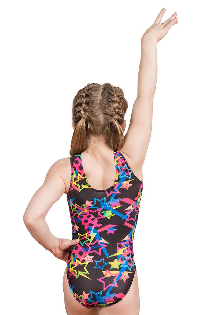 Купальник женский для спортивной гимнастики GK Sport 200-6 черный с цветными звездами без рукава