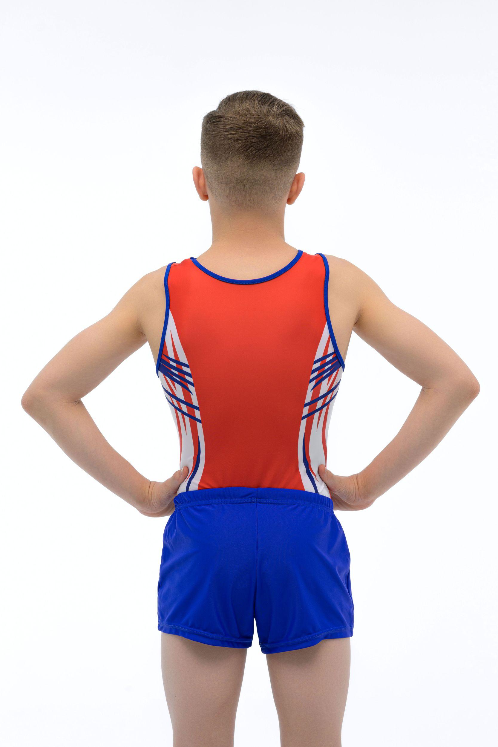 Купальник мужской для спортивной гимнастики GK Sport 202-23 оранжевый с бело-синим рисунком без рукава