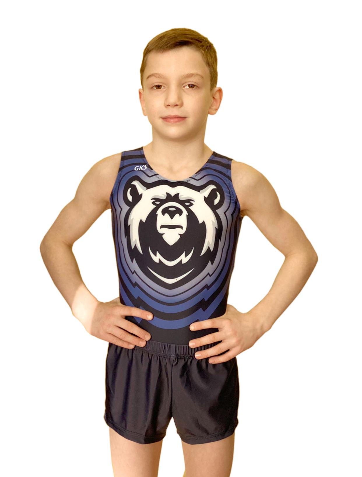 Купальник мужской для спортивной гимнастики GK Sport 201-131 темно синий с рисунком BEAR без рукава