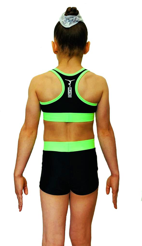 Комплект из шорт и топа для спортивной гимнастики GK Sport К199С черный с салатовым