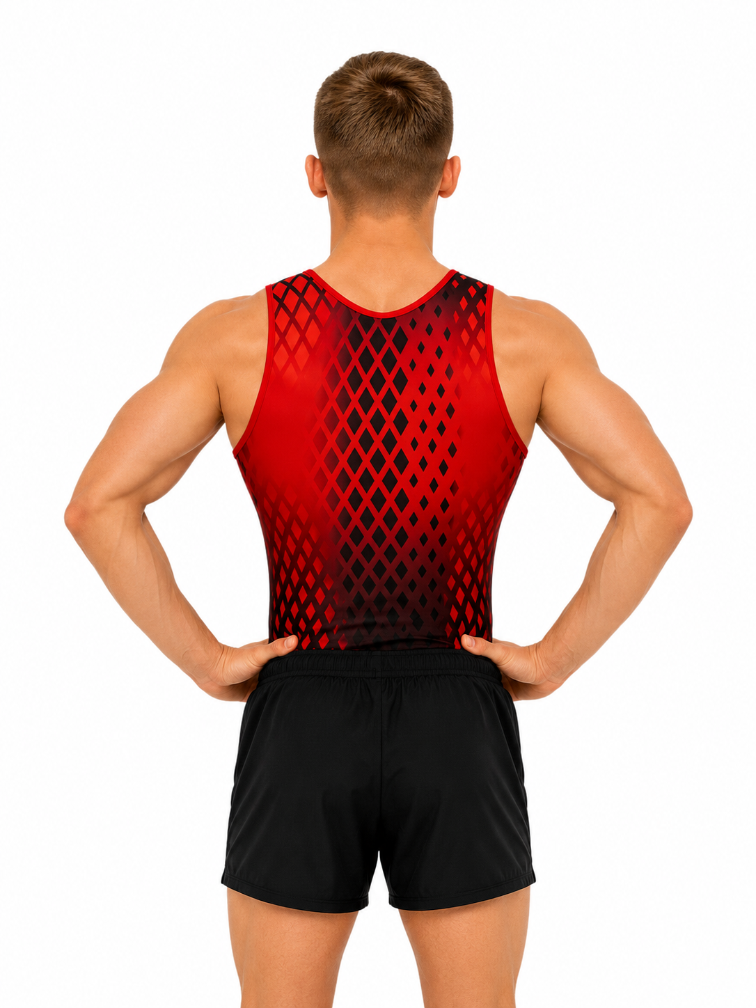 Купальник мужской для спортивной гимнастики GK Sport 0201-50 красный с черным без рукава