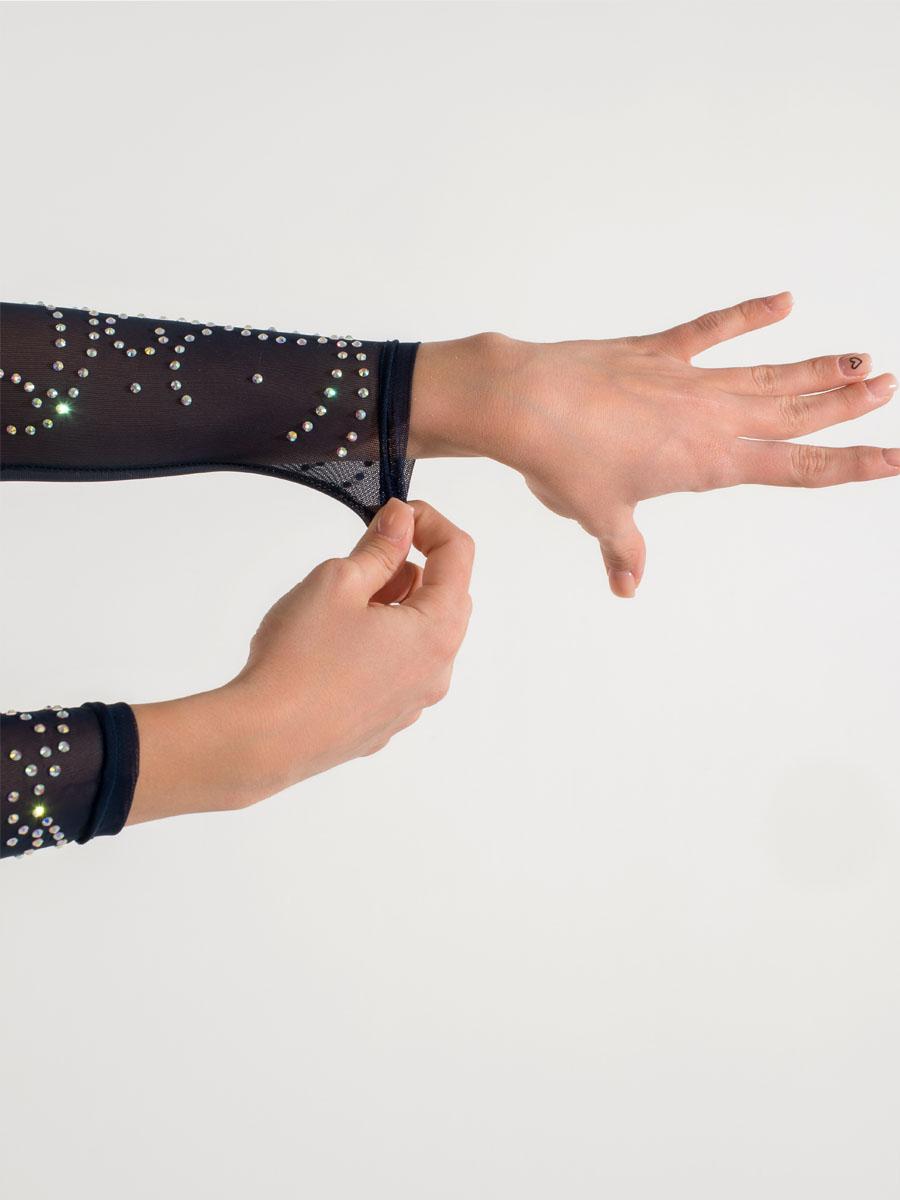 Купальник женский для спортивной гимнастики Quatro  555-18-1 темно-синий со стразами с рукавом