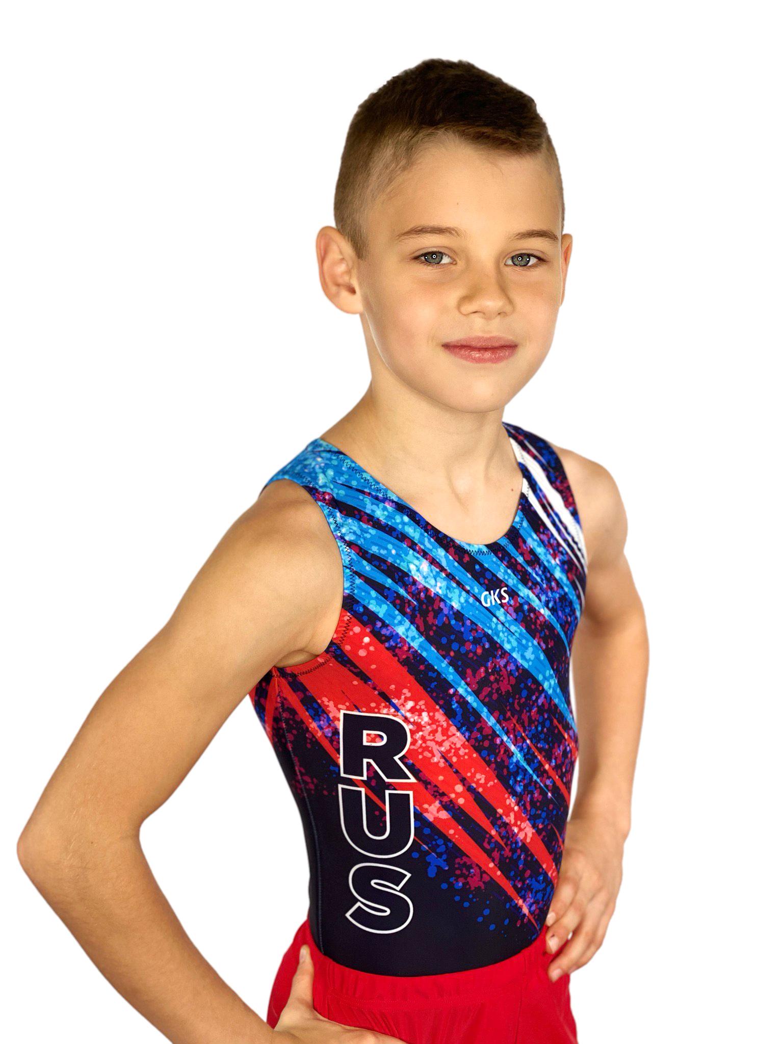 Купальник мужской для спортивной гимнастики GK Sport RUS 201-13 черный с красно-синим рисунком без рукава