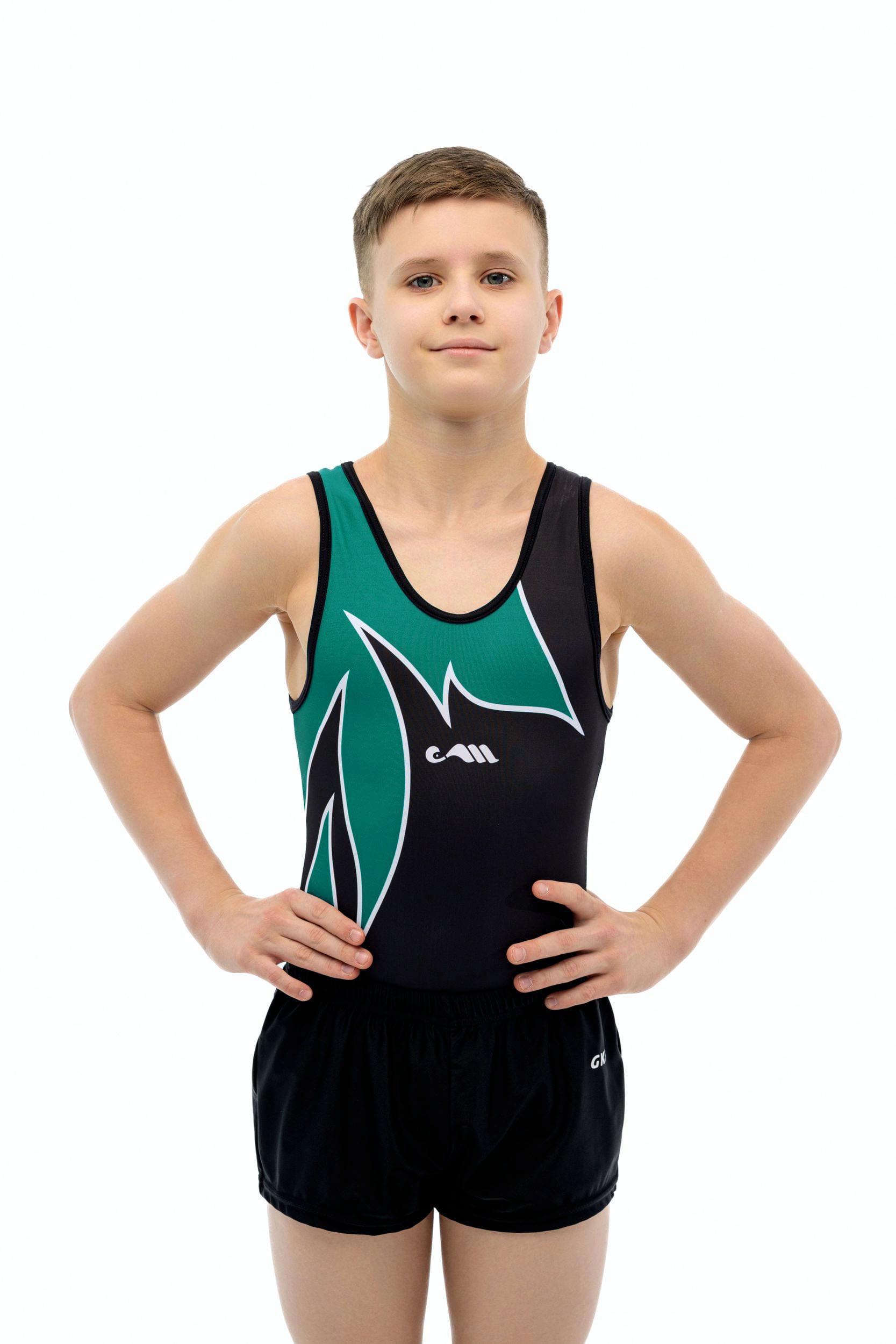 Купальник мужской для спортивной гимнастики Christian Moreau 4951 черный с зеленым рисунком без рукава