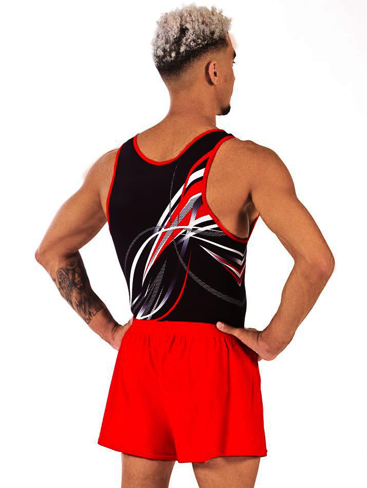 Купальник мужской для спортивной гимнастики Christian Moreau КМ ZAMAC черный с красно-белыми полосками без рукава