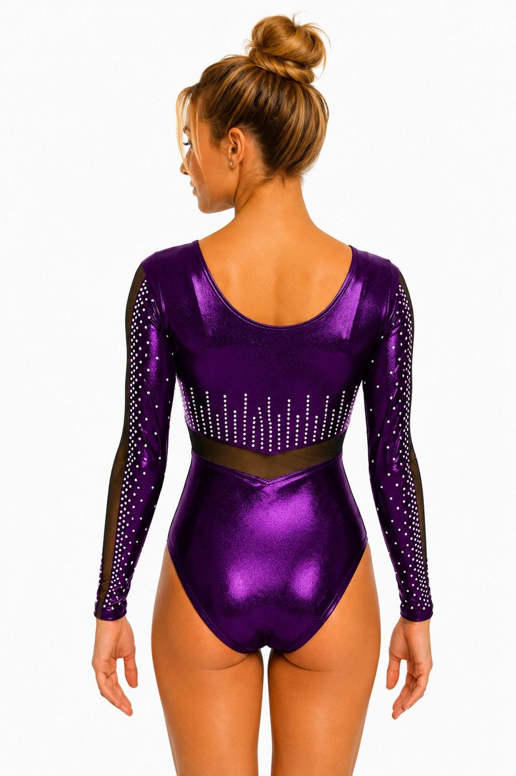 Купальник женский для спортивной гимнастики GK Sport 0555-08 фиолетовый со стразами с рукавом
