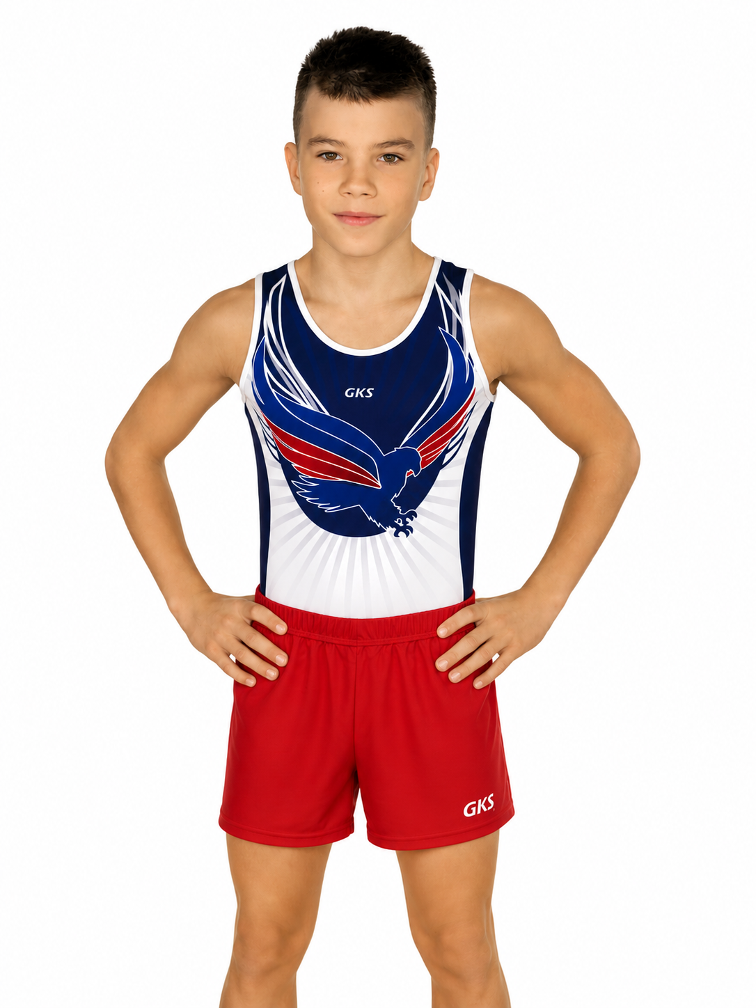 Купальник мужской для спортивной гимнастики GK Sport 0201-14 белый с синим без рукава